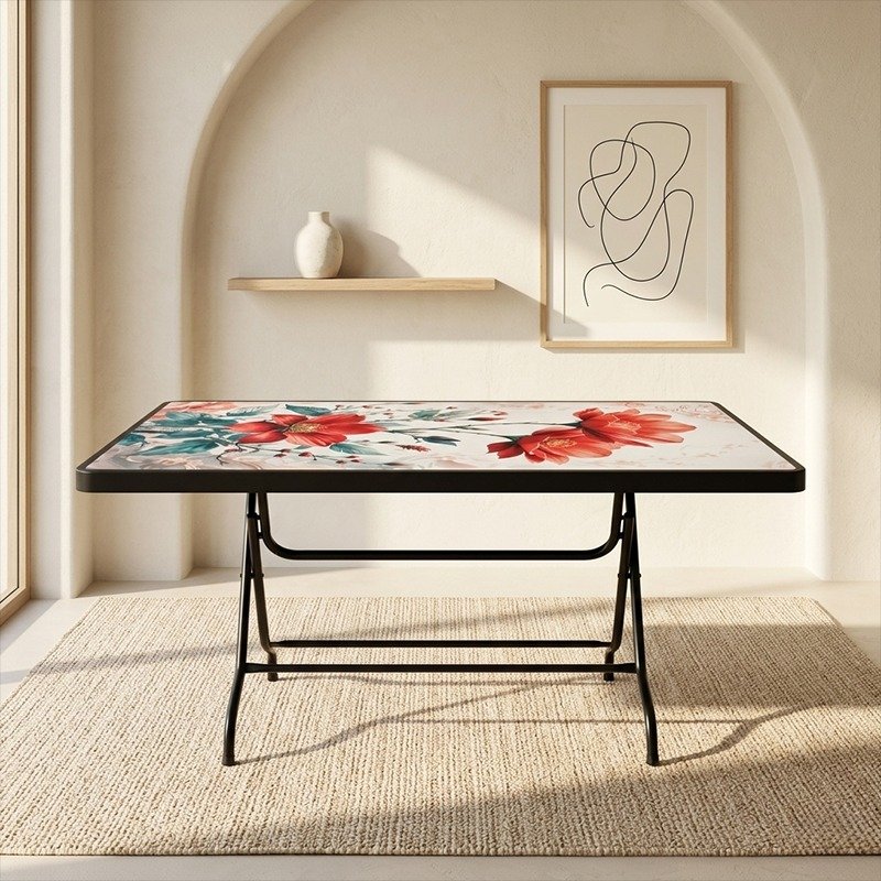 N Mohammad Plastic Square Table 6 seat - Red Flower (Black)